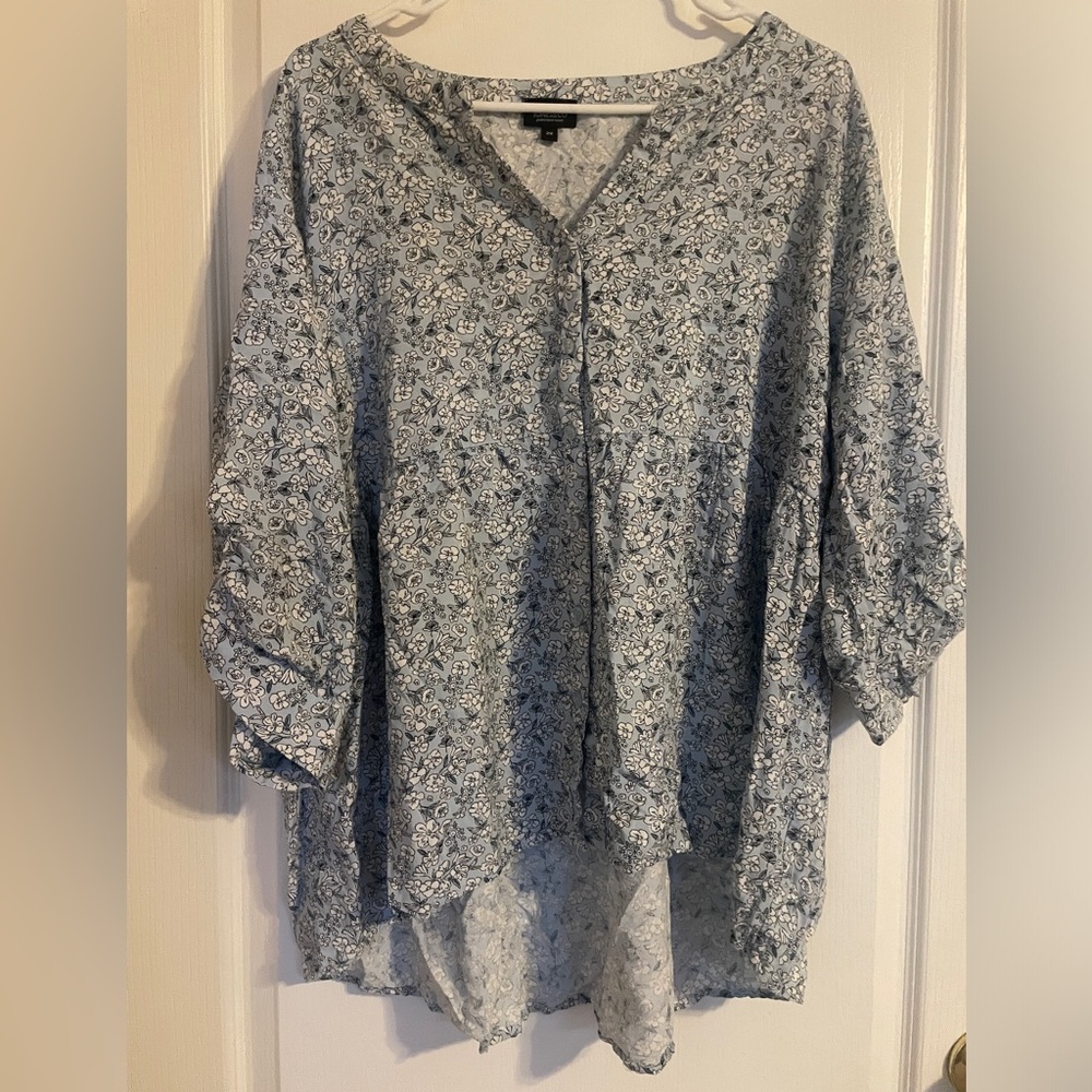 Jones & Co Floral Blouse Womens 2X Blue Excellent High-Low Babydoll Top